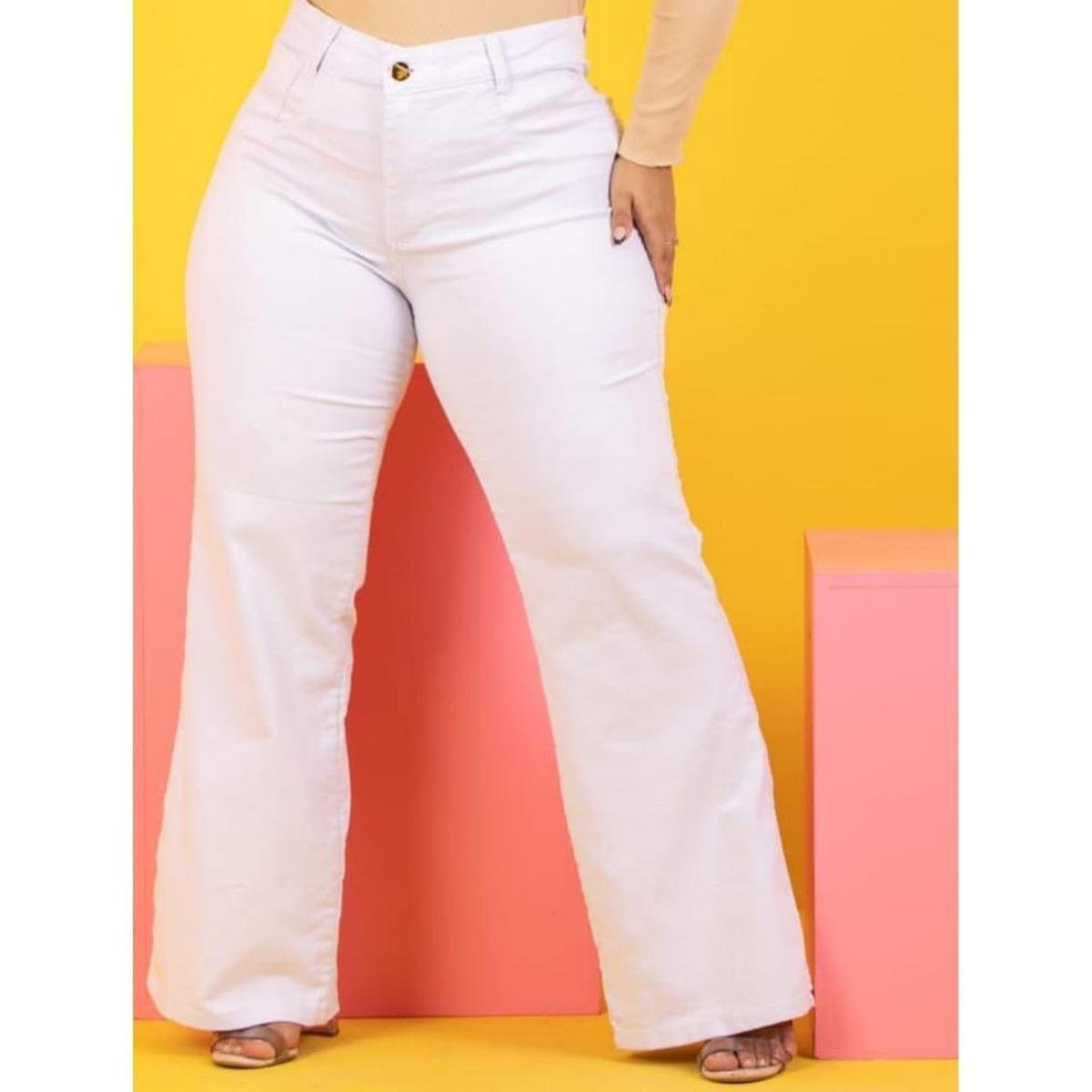 Calça Wide Leg Branca Jeans Plus Size Feminina Cintura Alta Zattini