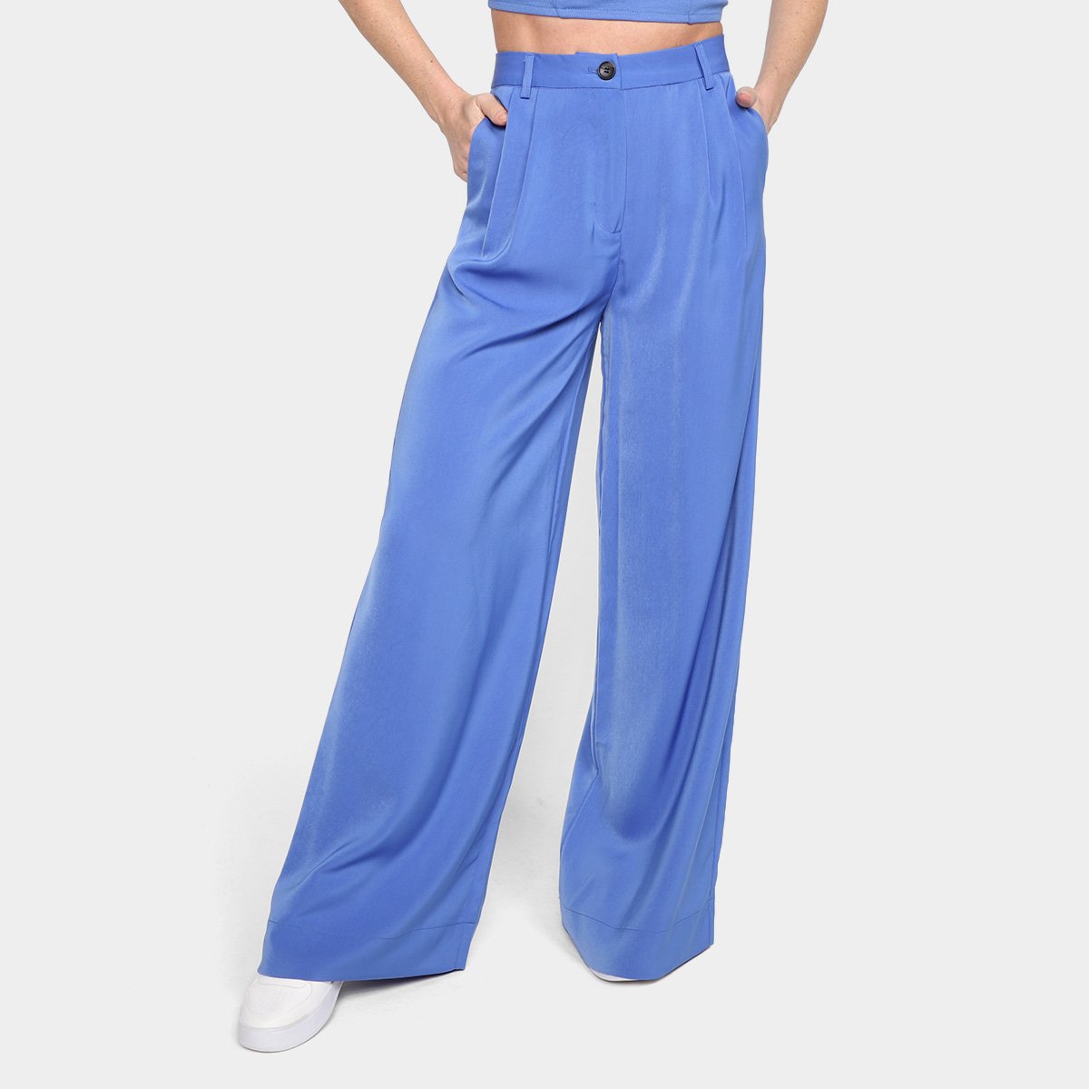 Calça Wide Leg Dzarm Alfaiataria Cintura Alta Feminina - Azul Menor preço em Calça Wide Leg Dzarm Alfaiataria Cintura Alta Feminina - Azul
