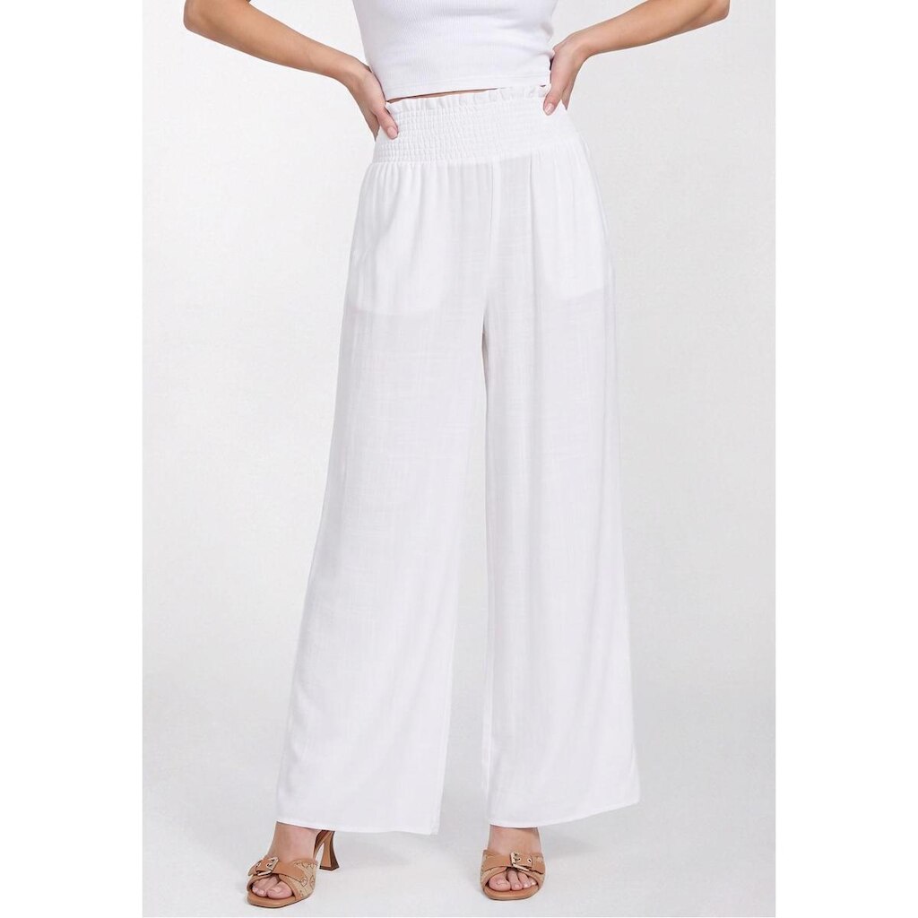 Calça Wide Leg Elástico Visco Linho Branco