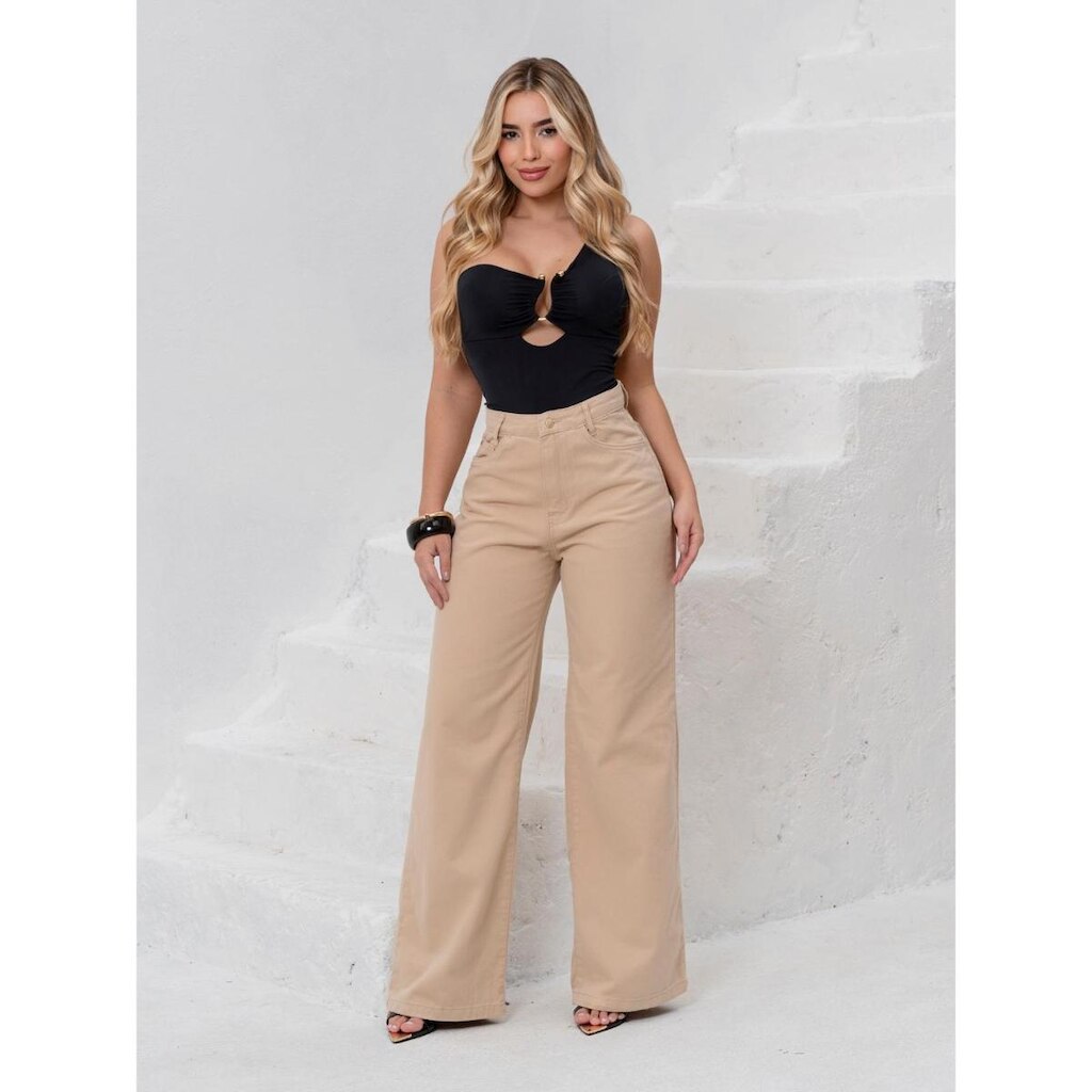 Calça Wide Leg Feminina Bege Sarja Premium Cintura Alta Pátria Brasil