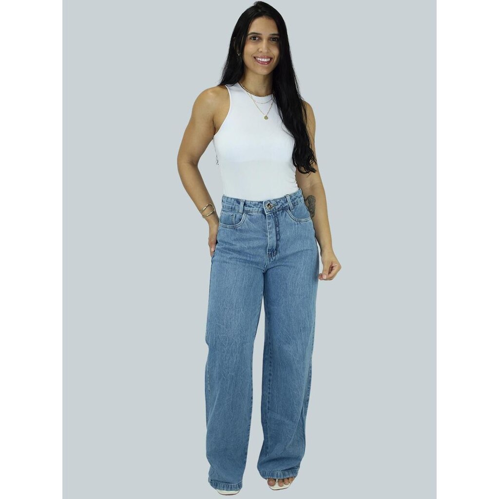 Calça Wide Leg Feminina Jeans Cintura Alta Perna Larga Confortável Pantalona Premium