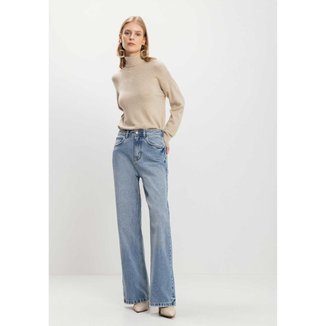 Calça Wide Leg Jeans Com Cintura Alta E Bolsos