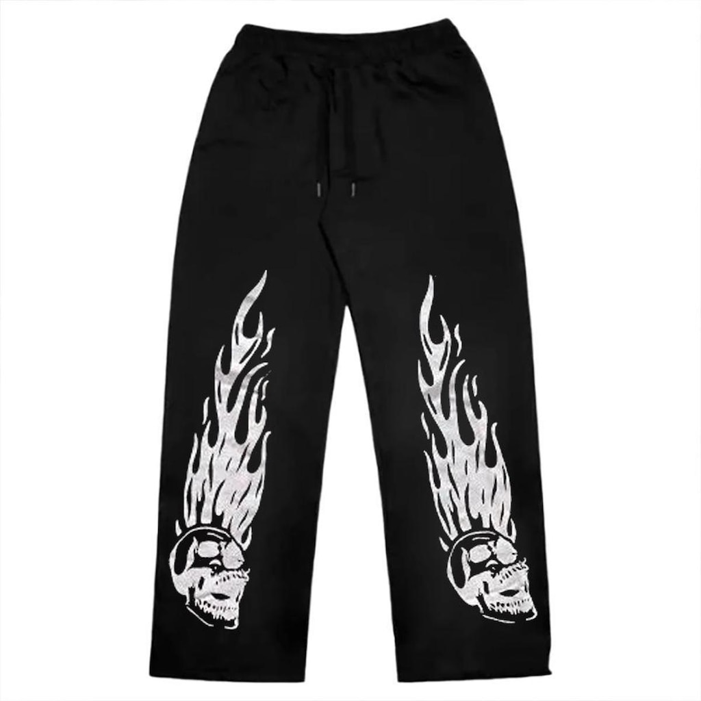 Calça Wide Leg Pantalona Boca Larga Dragon Oriental Tokyo Wave Flaming Streetwear Anime Unissex