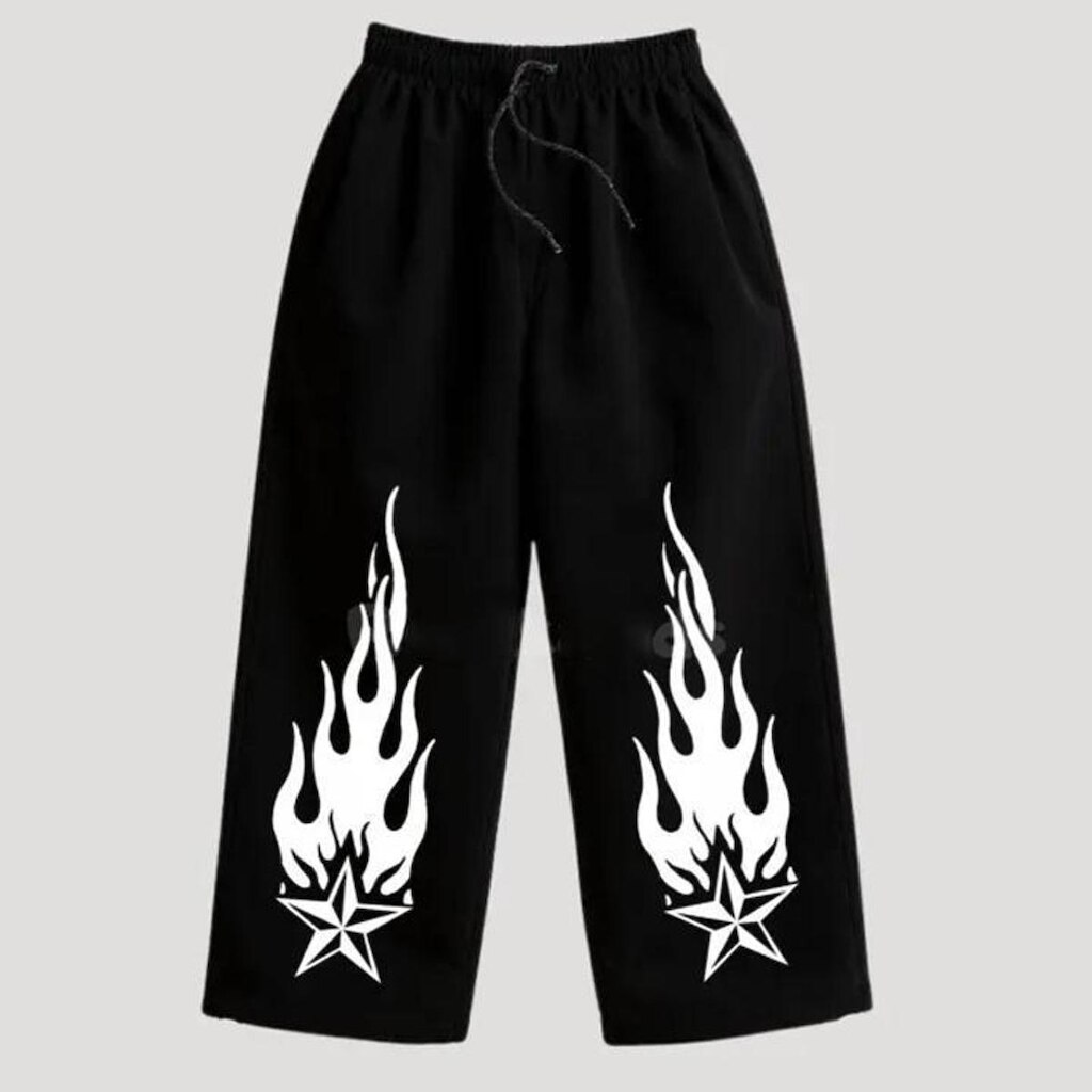 Calça Wide Leg Pantalona Boca Larga Flame Angel War Star Streetwear Anime Gym Unissex