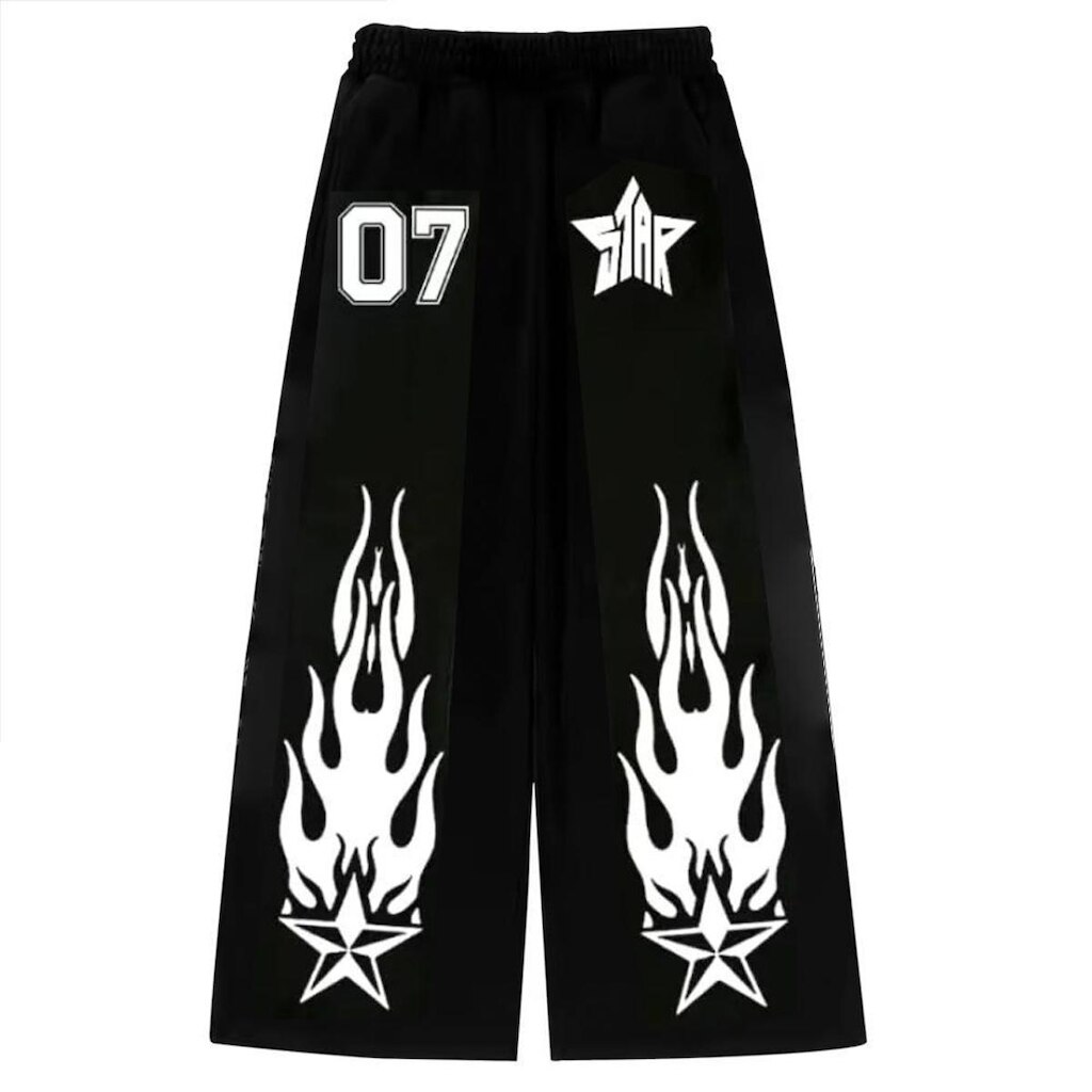 Calça Wide Leg Pantalona Boca Larga Flame Star Flaming 07 Streetwear Anime Gym Unissex