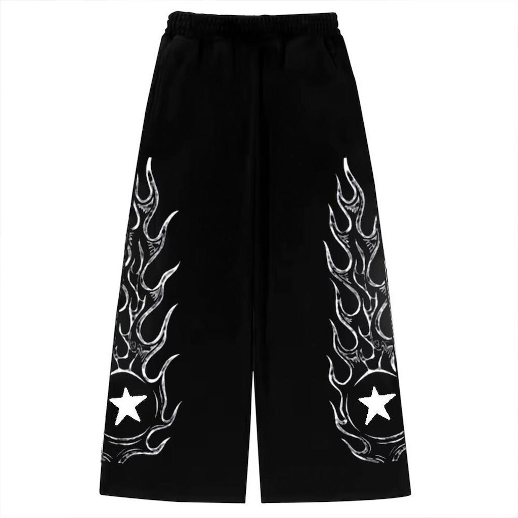 Calça Wide Leg Pantalona Bova Larga Flame Flaming Star Streetwear Anime Gym Unissex