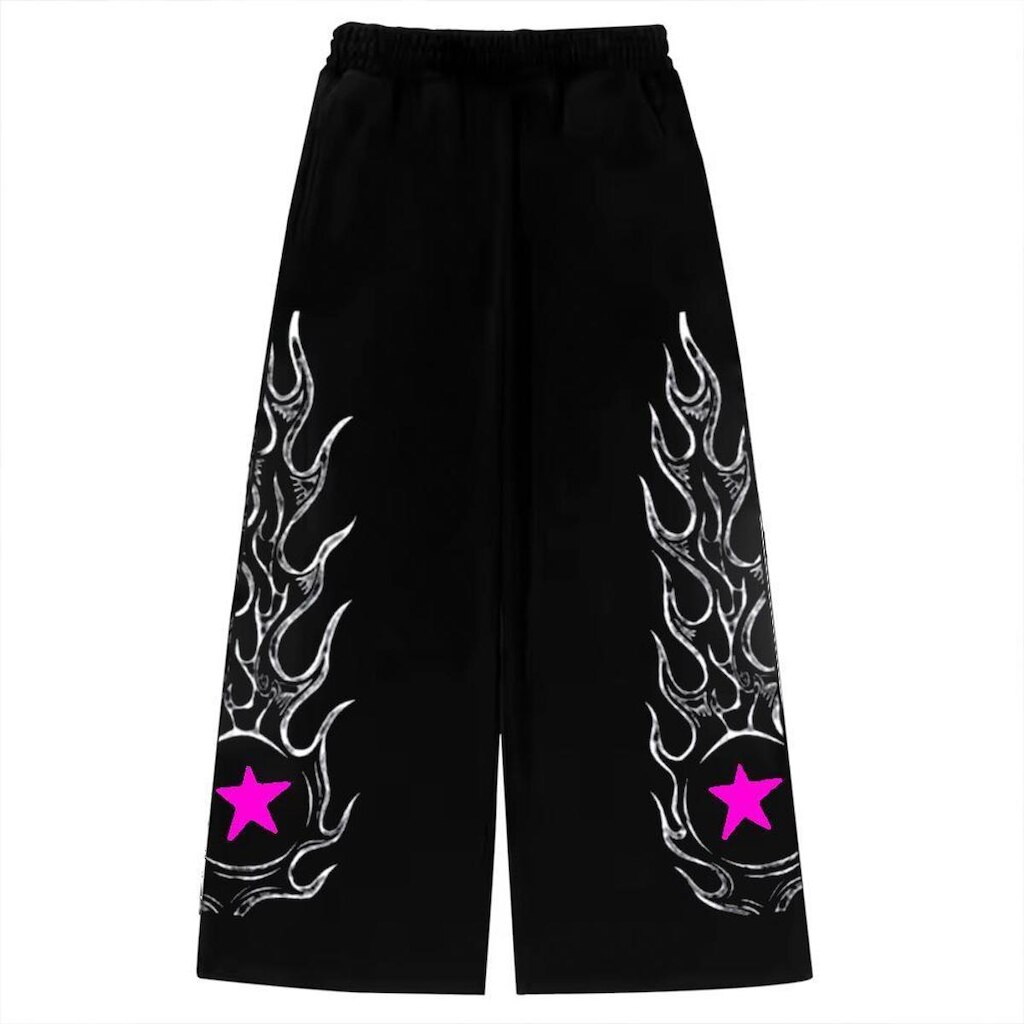 Calça Wide Leg Pantalona Bova Larga Flame Flaming Star Streetwear Anime Gym Unissex