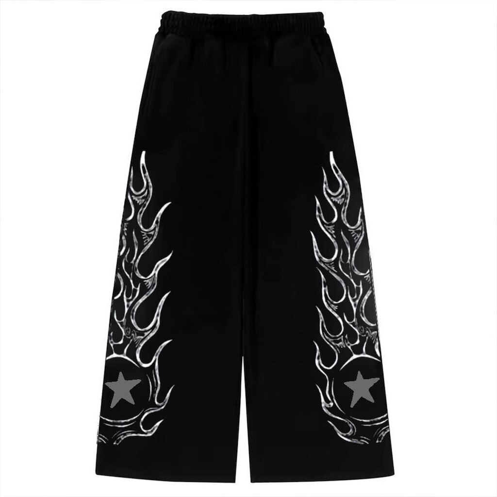 Calça Wide Leg Pantalona Bova Larga Flame Flaming Star Streetwear Anime Gym Unissex