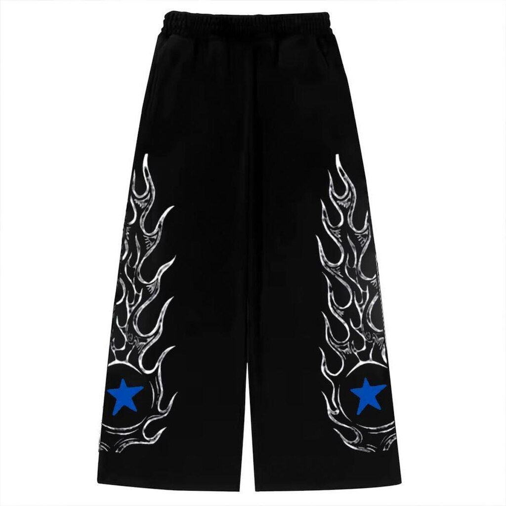 Calça Wide Leg Pantalona Bova Larga Flame Flaming Star Streetwear Anime Gym Unissex