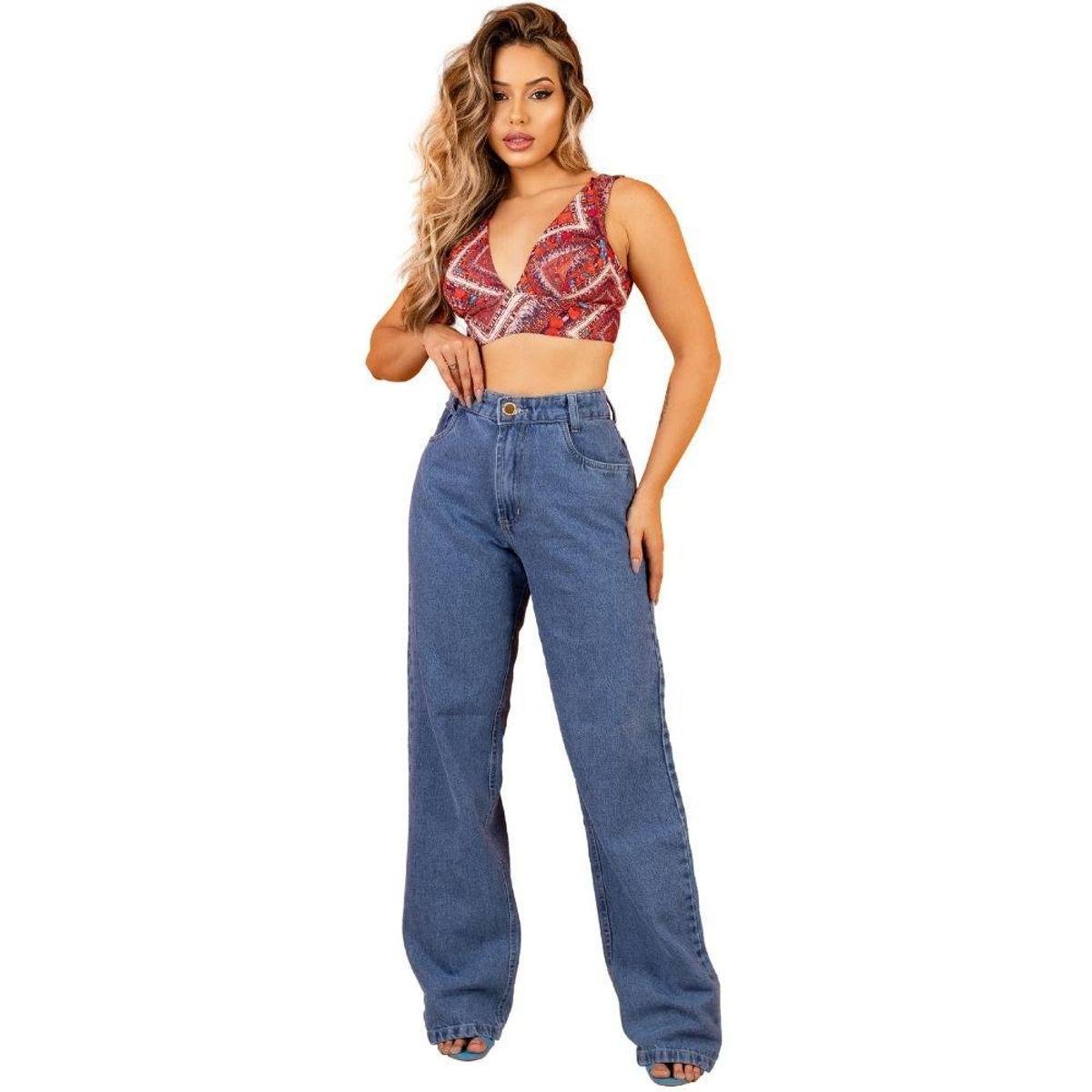 Calca Wide Leg Pantalona Feminina Jeans Linha Premium Lisa com Bolso Cos Alto Estilosa - Jeans Claro Menor preço em Calca Wide Leg Pantalona Feminina Jeans Linha Premium Lisa com Bolso Cos Alto Estilosa - Jeans Claro