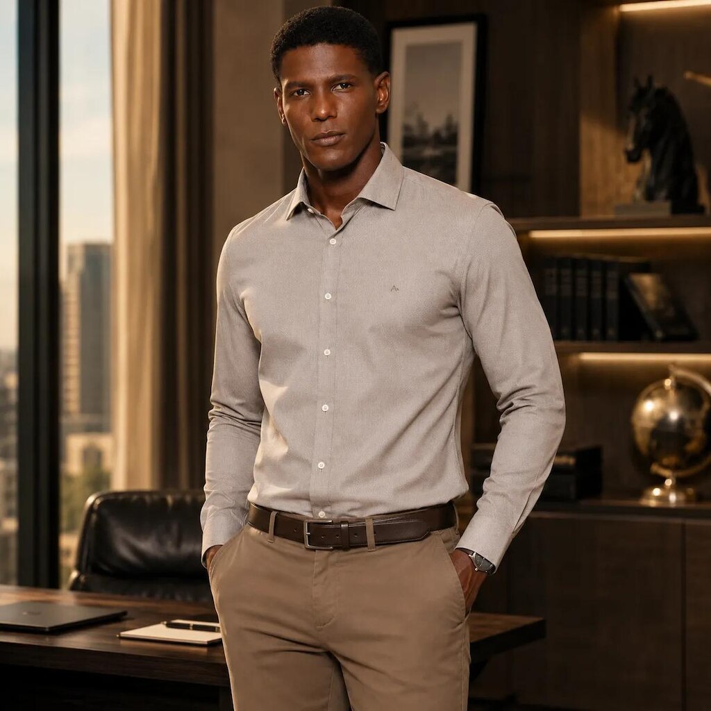 Camisa Aramis Manga Longa Slim Micro Xadrez Caqui / Branco
