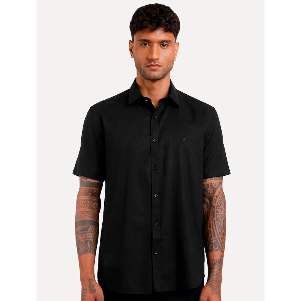 Camisa Aramis Masculina Manga Curta Tricoline Stretch Pocket Mono Preta
