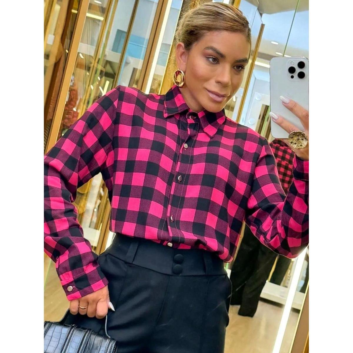 CAMISA BLUSA FEMININA DE BOTOES XADREZ MANGA LONGA FESTA JUNINA