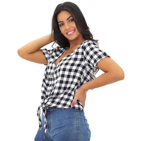 Camisa Blusa Xadrez Flanela Feminina Manga Curta Com Laço Zattini