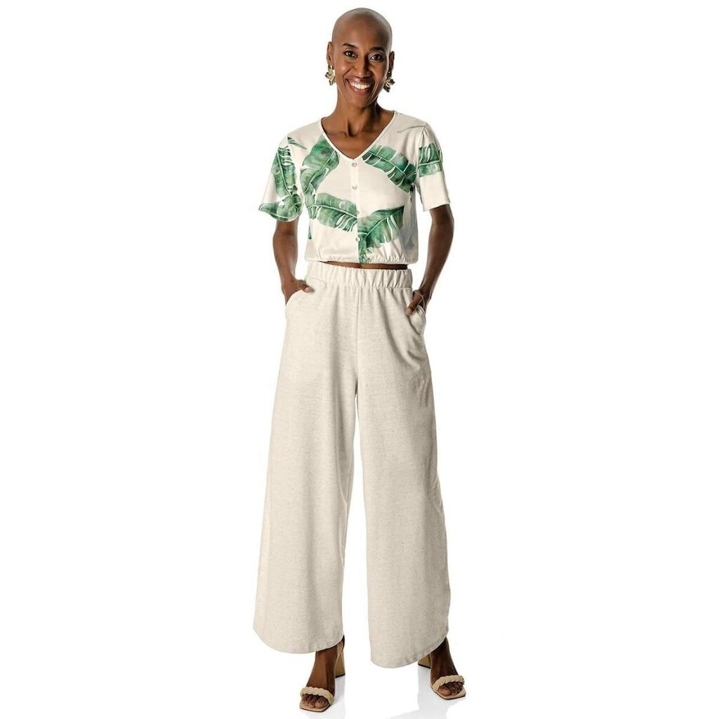 Camisa Botão Fake Folhas Tropical Gola V