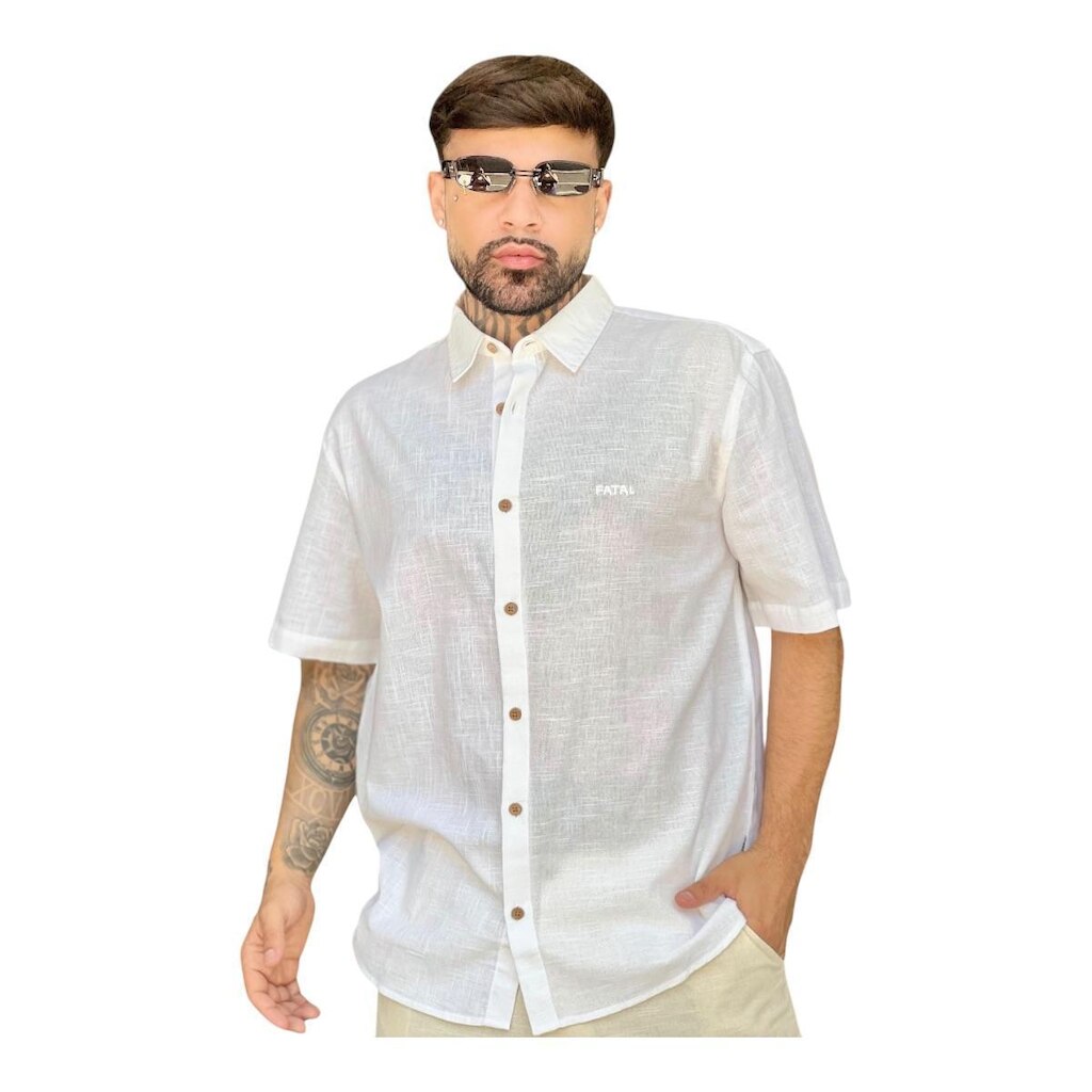 Camisa Botao Manga Curta Fake Branco- Fatal