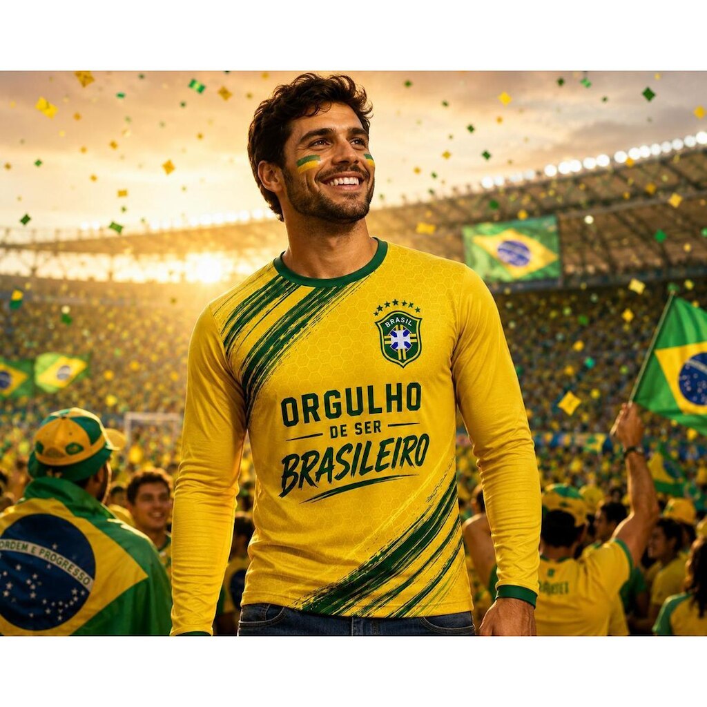 Camisa Brasil Manga Longa Poliester Masculina Proteção UV Estampa Sublimada Torcedor Copa