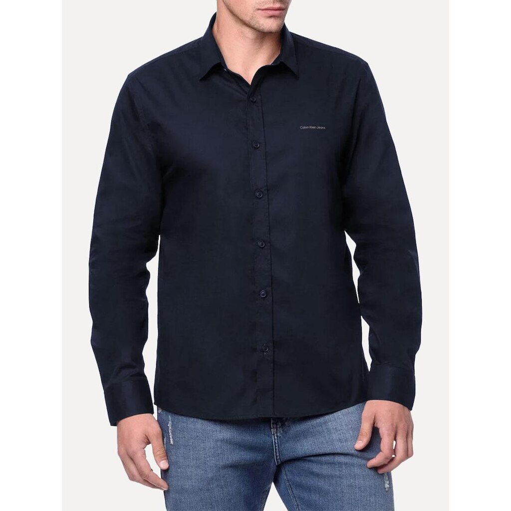 Camisa Calvin Klein Jeans Regular Plain Grey Logo Azul