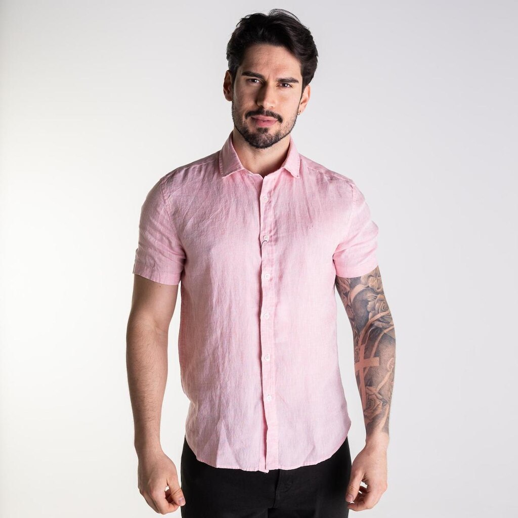 Camisa Calvin Klein Linho Regular Rosa Mescla Manga Curta