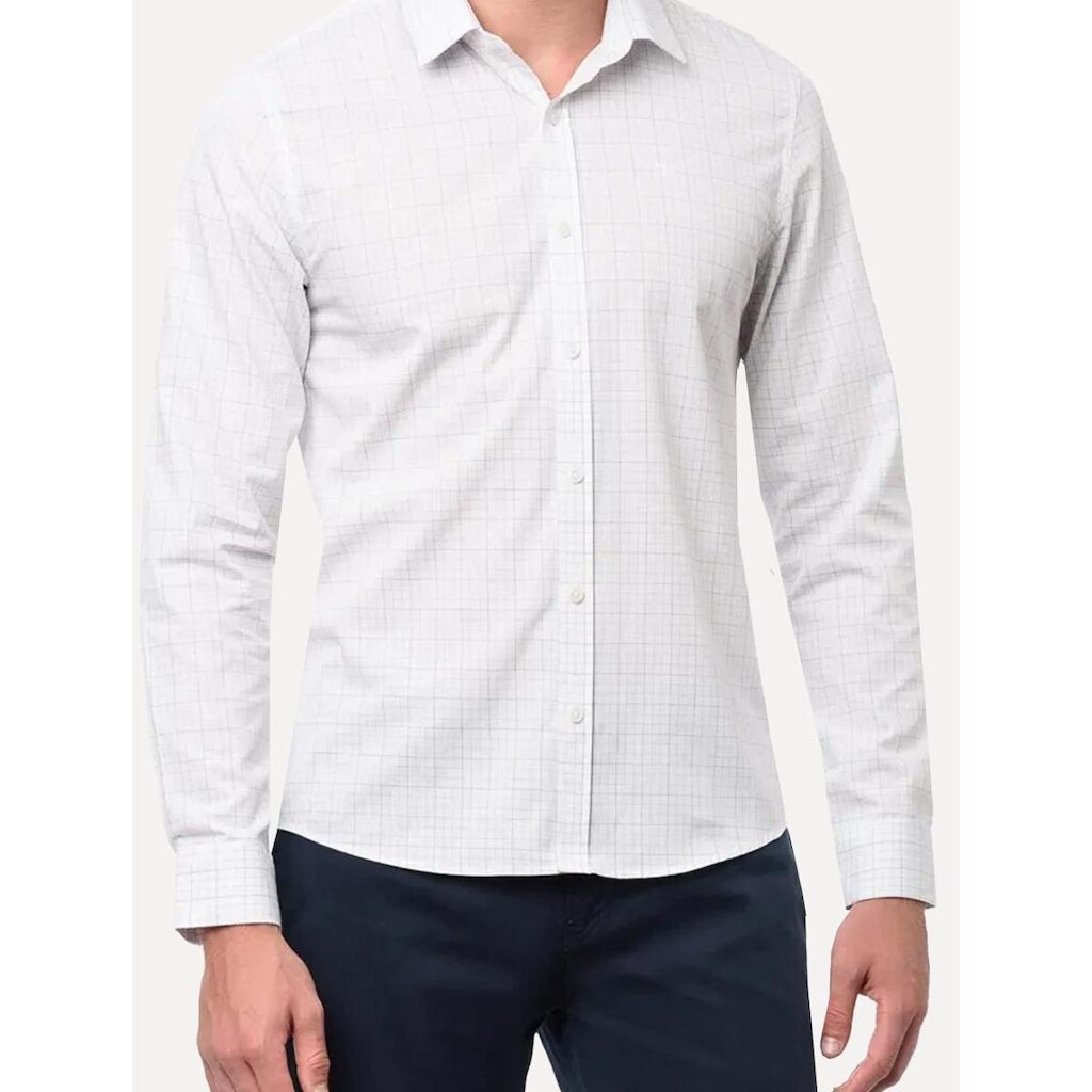 Camisa Calvin Klein Masculina Slim Grid Xadrez Branca