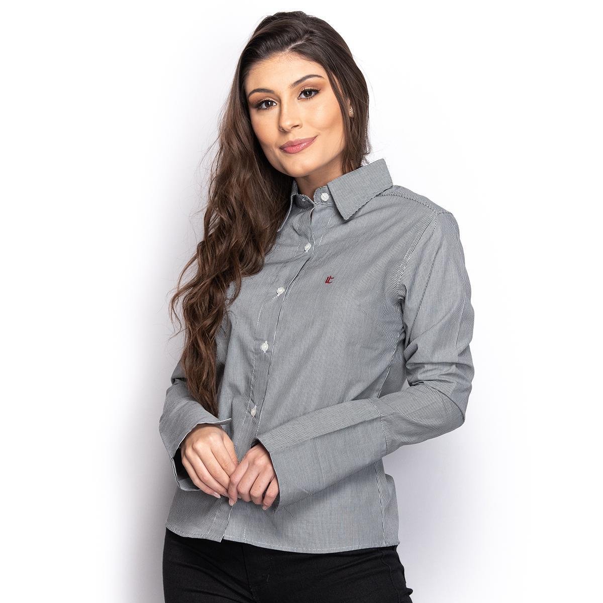 Camisa Camisete Social Feminina Listrada Manga Longa Casual - Preto Menor preço em Camisa Camisete Social Feminina Listrada Manga Longa Casual - Preto