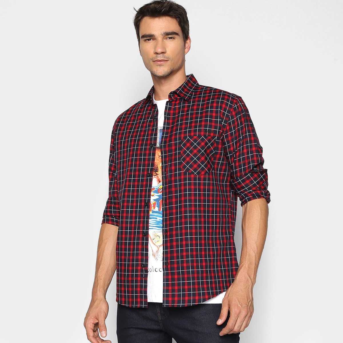 Camisa Colcci Masculino Xadrez Classic Manga Longa Masculina - Marinho+Vermelho Menor preço em Camisa Colcci Masculino Xadrez Classic Manga Longa Masculina - Marinho+Vermelho