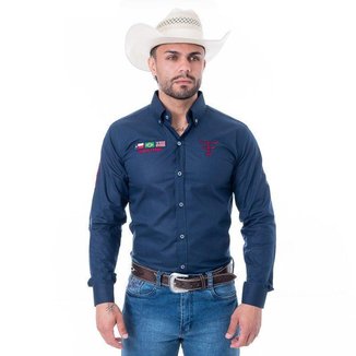 CAMISA COMPETIÇÃO MASCULINA MANGA LONGA TEXAS FARM - CP007 - AZUL MARINHO/ VINHO