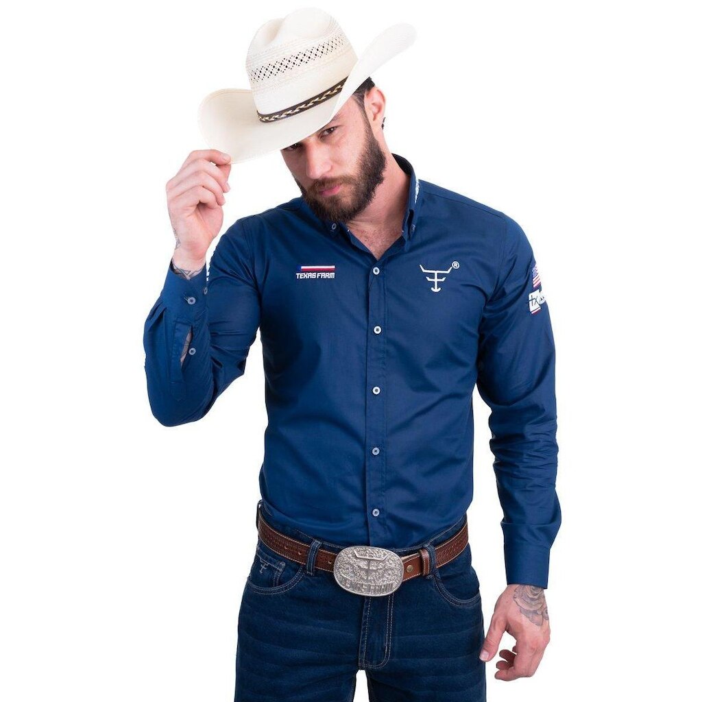 CAMISA COMPETIÇÃO MASCULINA MANGA LONGA TEXAS FARM - CP009 - AZUL MARINHO/ BRANCO