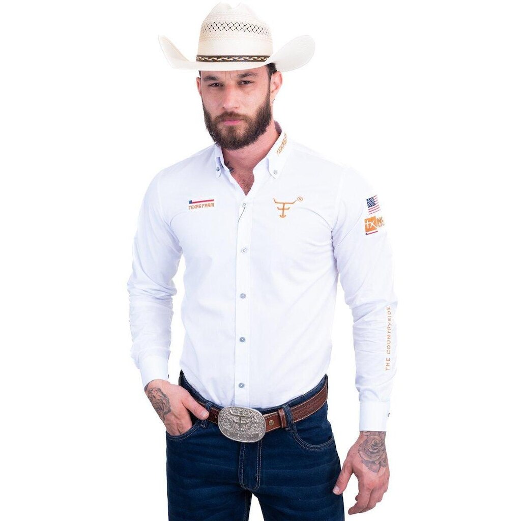 CAMISA COMPETIÇÃO MASCULINA MANGA LONGA TEXAS FARM - CP009 - BRANCO/ CARAMELO