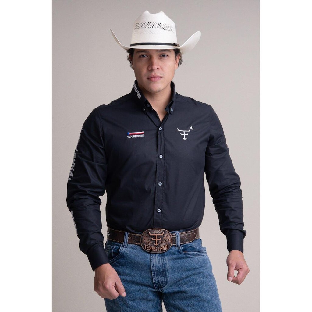 CAMISA COMPETIÇÃO MASCULINA MANGA LONGA TEXAS FARM - CP009 - PRETO/ BRANCO