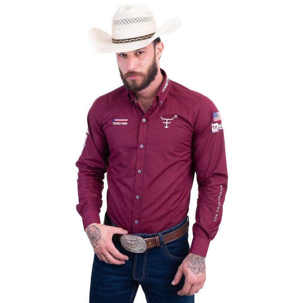 CAMISA COMPETIÇÃO MASCULINA MANGA LONGA TEXAS FARM - CP009 - VERMELHO VINHO/ BEGE