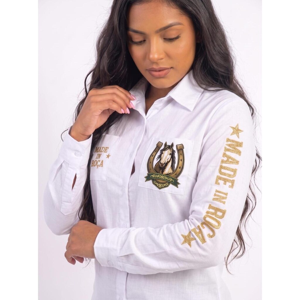 Camisa Country Feminina Camisa Social de Rodeio Manga Longa Estampada Made In Roça Boiadeira