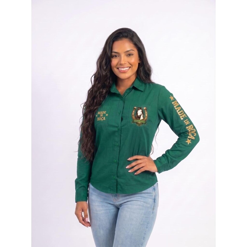 Camisa Country Feminina Camisa Social de Rodeio Manga Longa Estampada Made In Roça Boiadeira