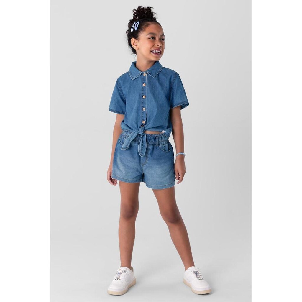 Camisa cropped em jeans leve infantil menina Brandili Azul