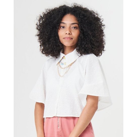 Camisa Cropped Toneh Manga Curta Laise Branca - Branco