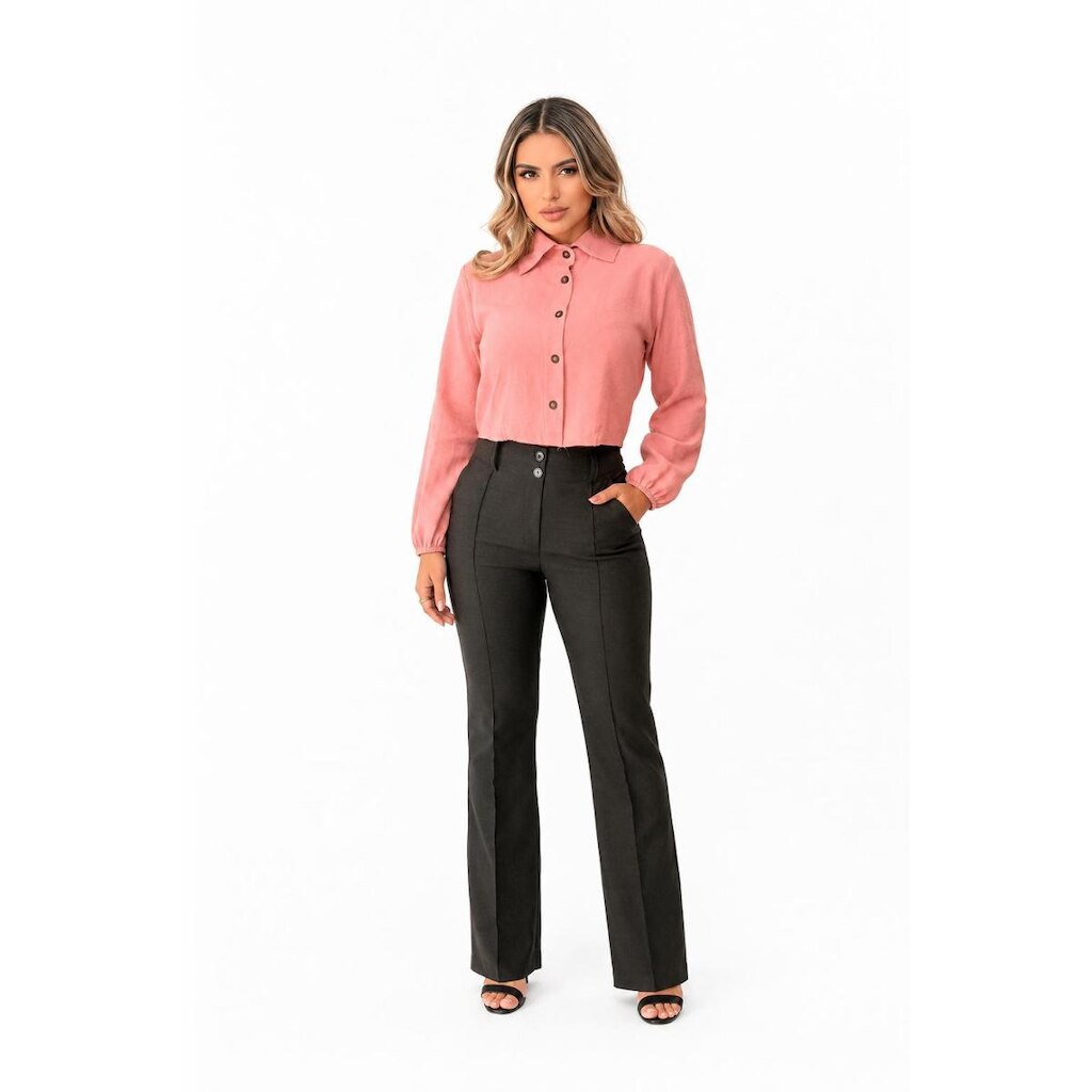 Camisa D Bell Outlet Fashion Cropped Botões Manga Longa Rosa