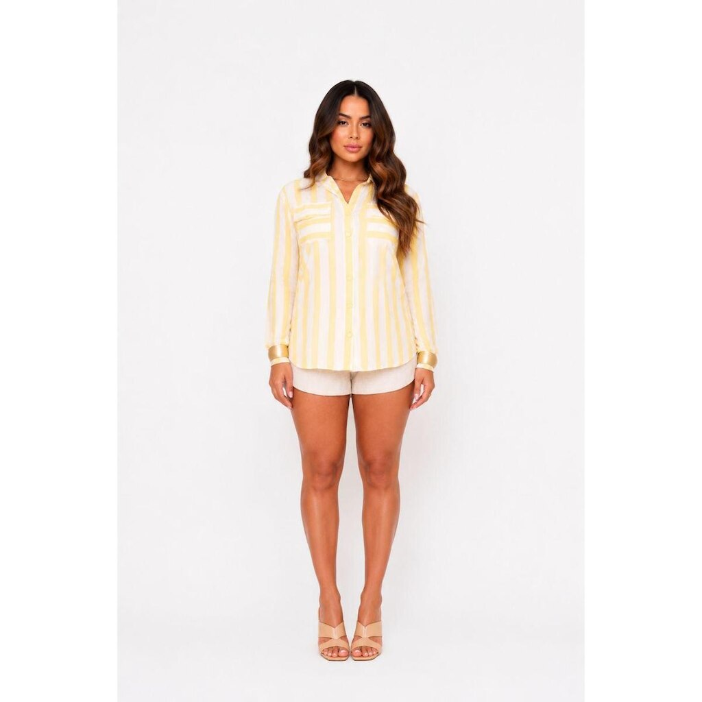 Camisa D Bell Outlet Fashion Manga Longa Listrada Amarelo