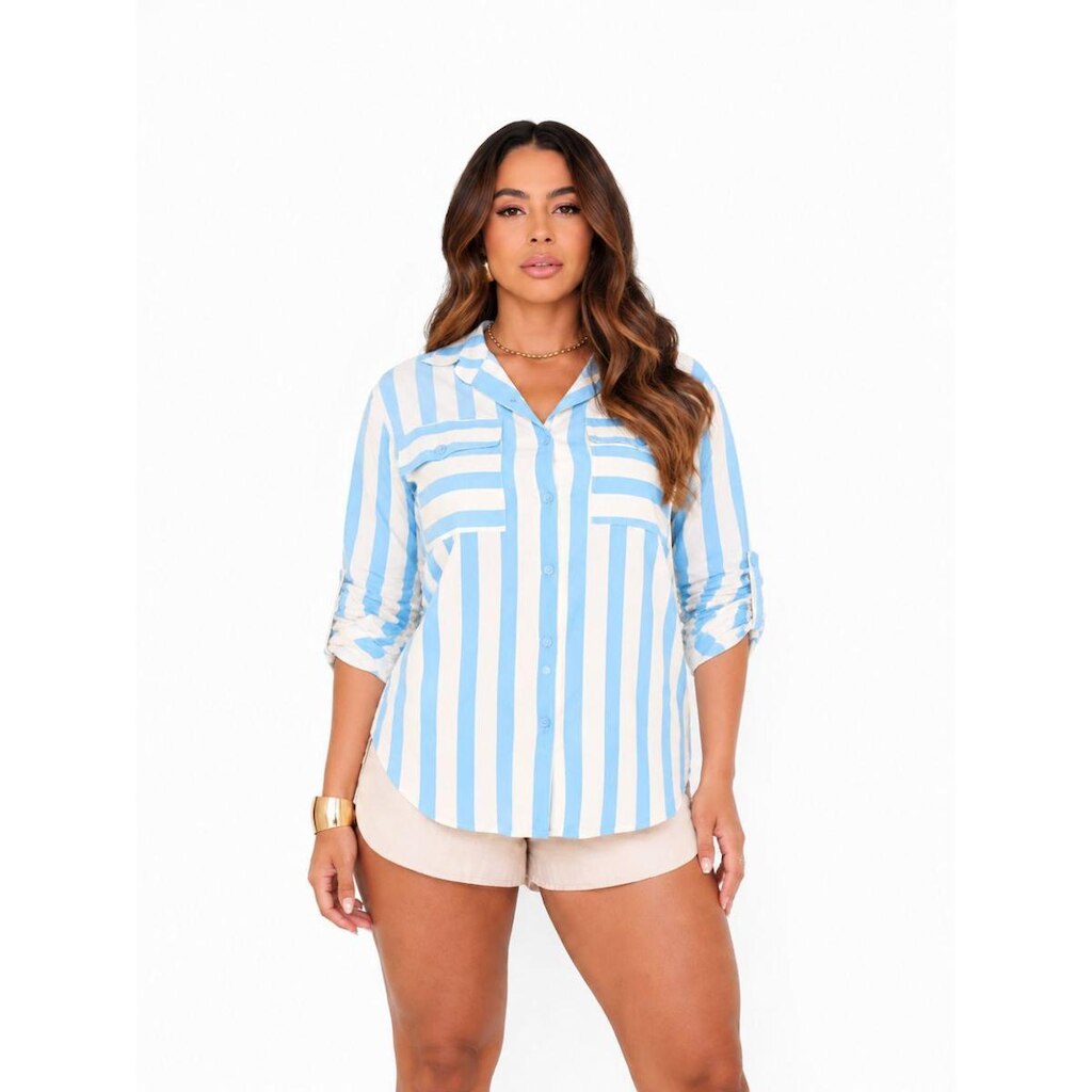Camisa D Bell Outlet Fashion Manga Longa Listrada Azul