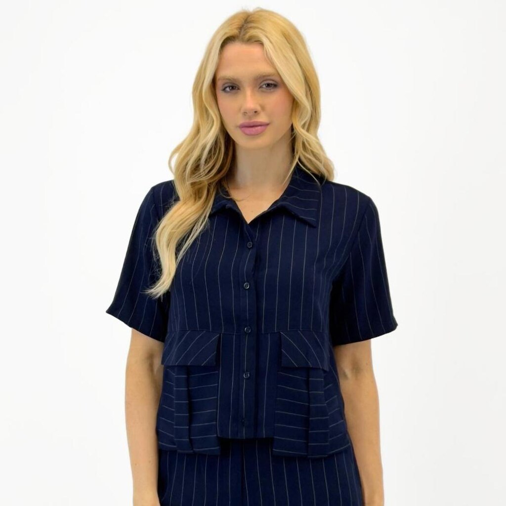 Camisa Danque Cropped Risca de Giz Manga Curta Feminina