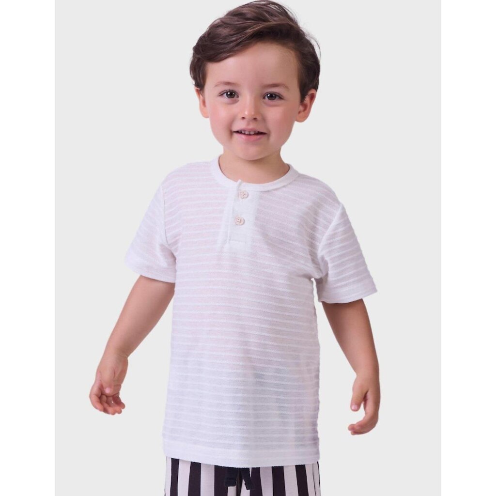Camisa De Verão Petilho Gola Canoa Com Botão Malha Trabalhada Conforto Dia a Dia Menino 1 a 3