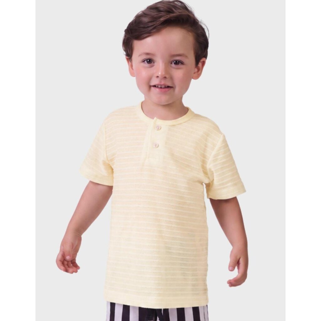 Camisa De Verão Petilho Gola Canoa Com Botão Malha Trabalhada Conforto Dia a Dia Menino 1 a 3