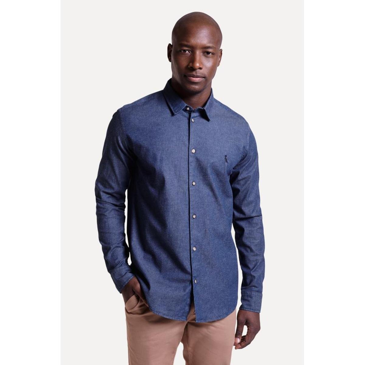 Camisa Denim Manga Longa Elastano Elegante Reserva - Azul Menor preço em Camisa Denim Manga Longa Elastano Elegante Reserva - Azul