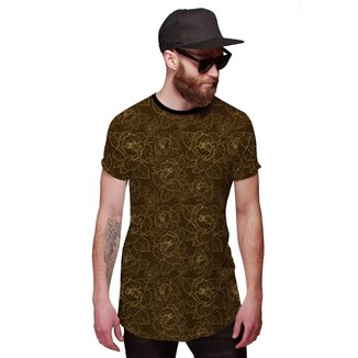 Camisa Di Nuevo Longline Flores Douradas Masculina