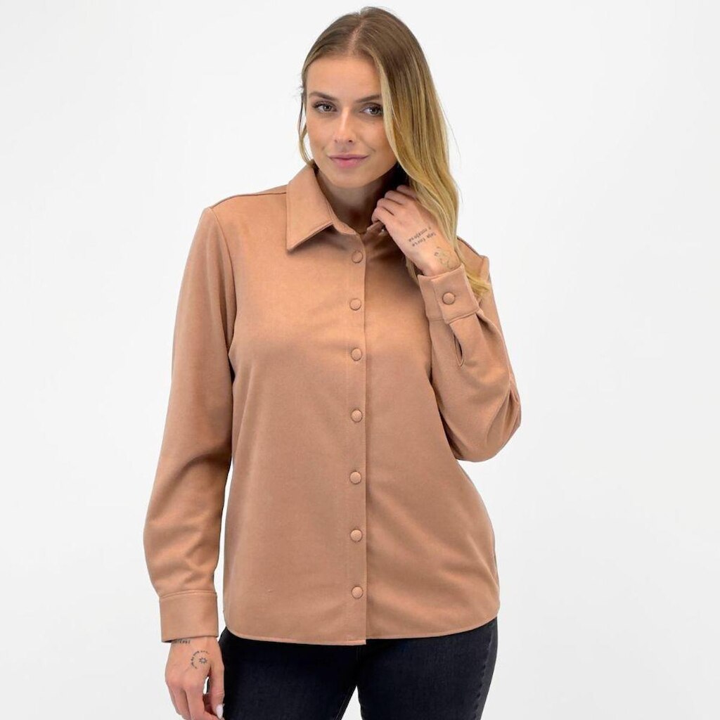 Camisa Doce Trama em Suede Manga Longa Feminina