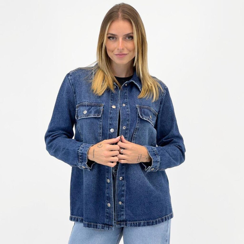 Camisa Doce Trama Jeans Manga Longa Feminina