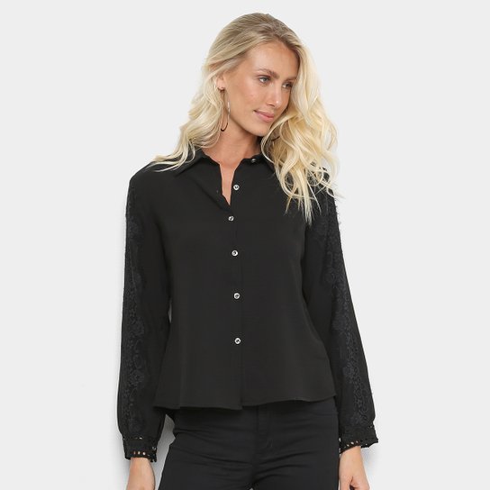 Camisa Dontop Manga Longa Renda Feminina - Preto