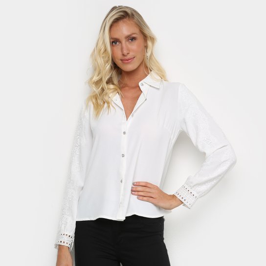 Camisa Dontop Manga Longa Renda Feminina - Branco