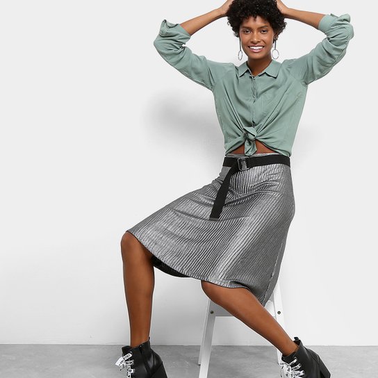 Camisa Drezzup Manga Longa Bolso Feminina - Oliva