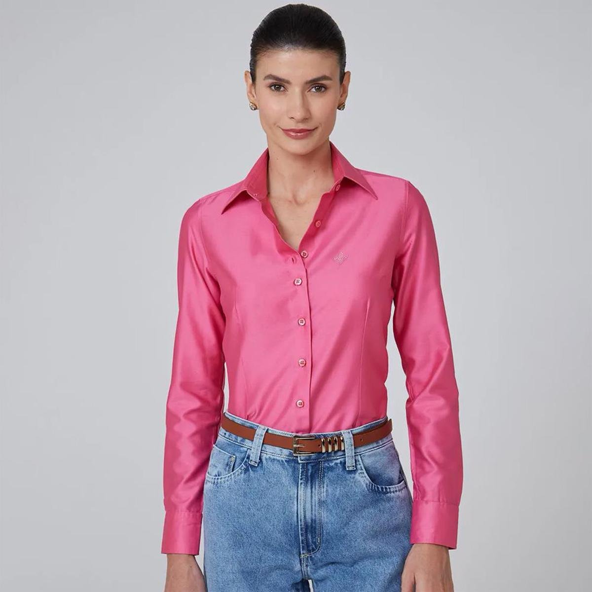 Dudalina Feminina Camisa De Seda Rosa Camisa Dudalina Slim Bufante
