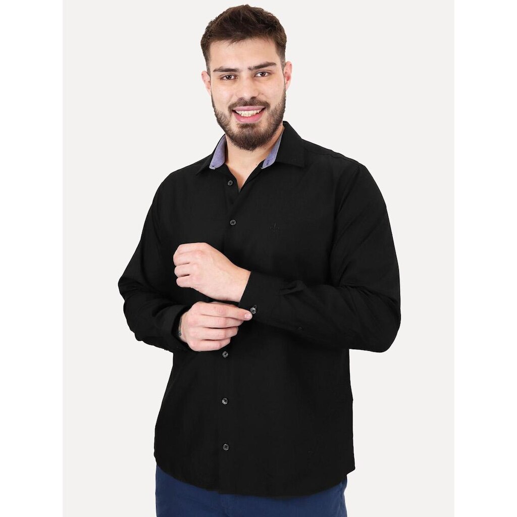 Camisa Dudalina Masculina Comfort Tricoline Lisa Preta